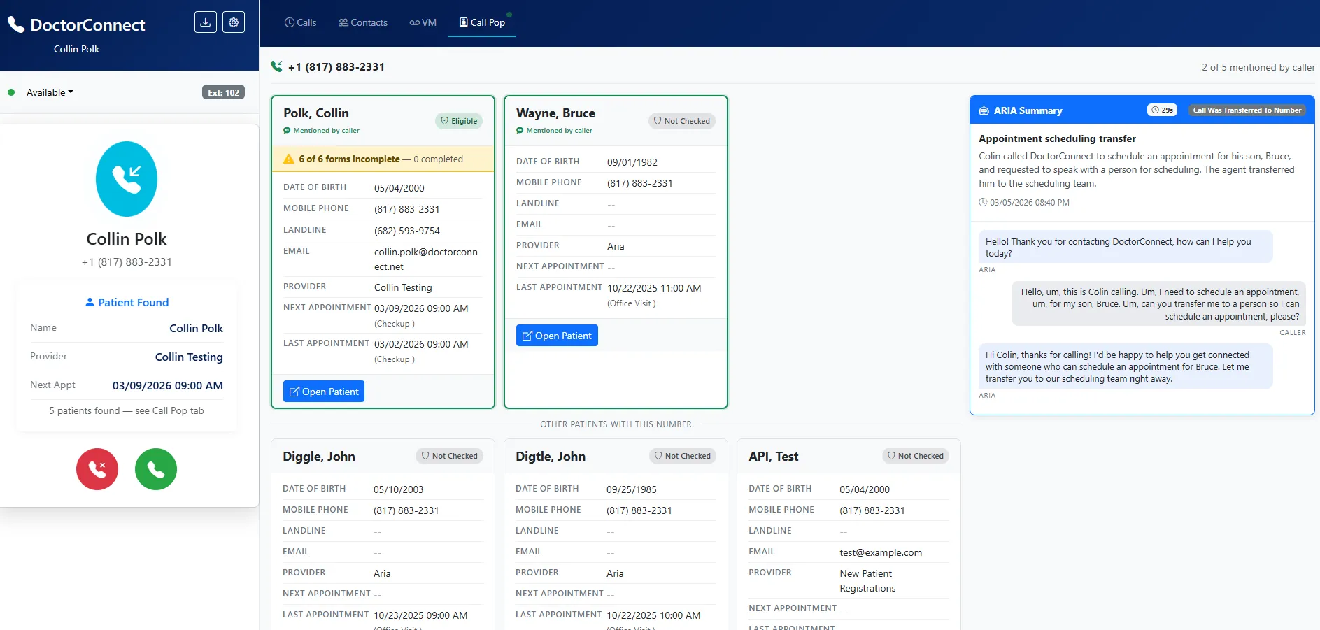 TITAN Call Pop showing matched patient cards on incoming call